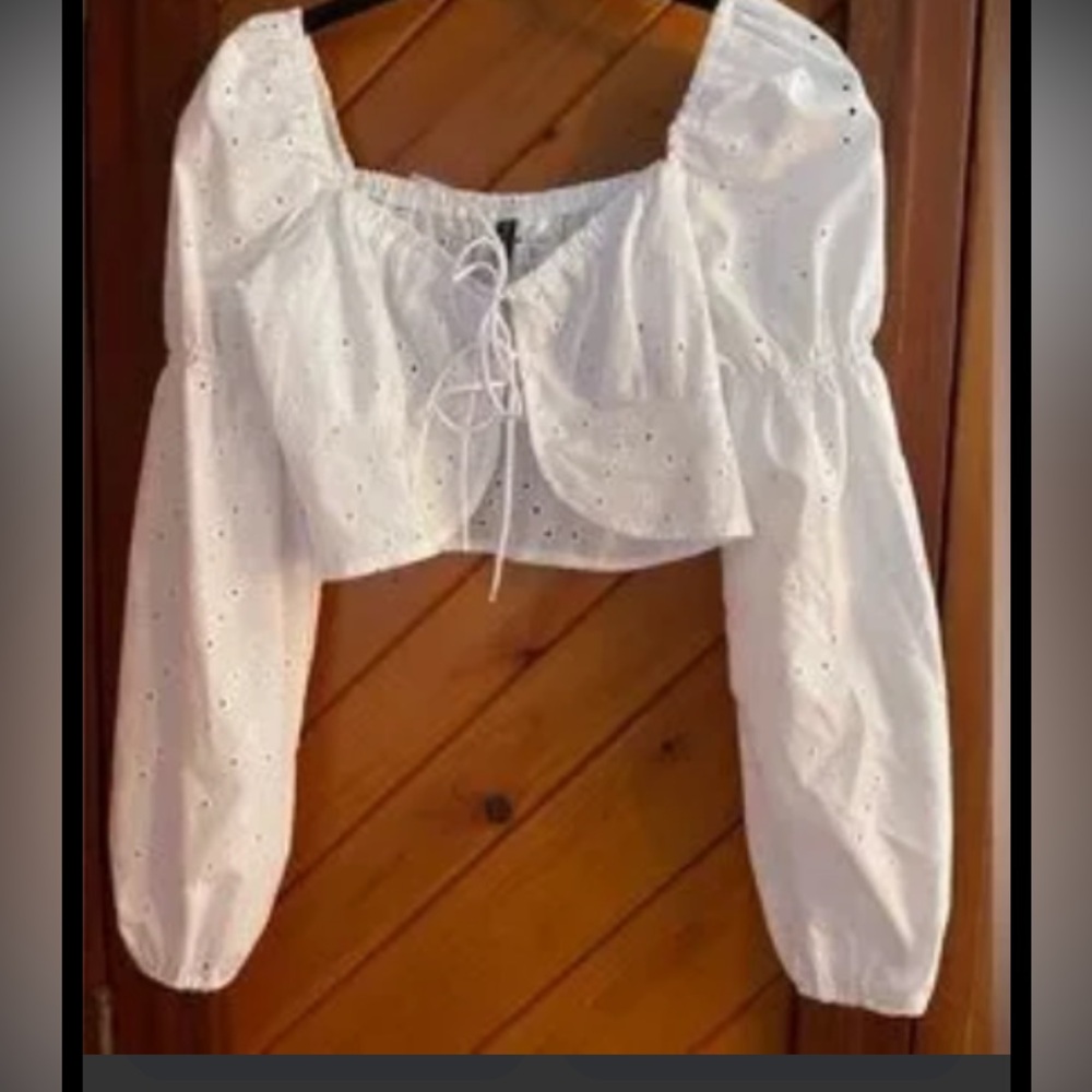 H&M White Eyelet Blouse with Long Sleeves
